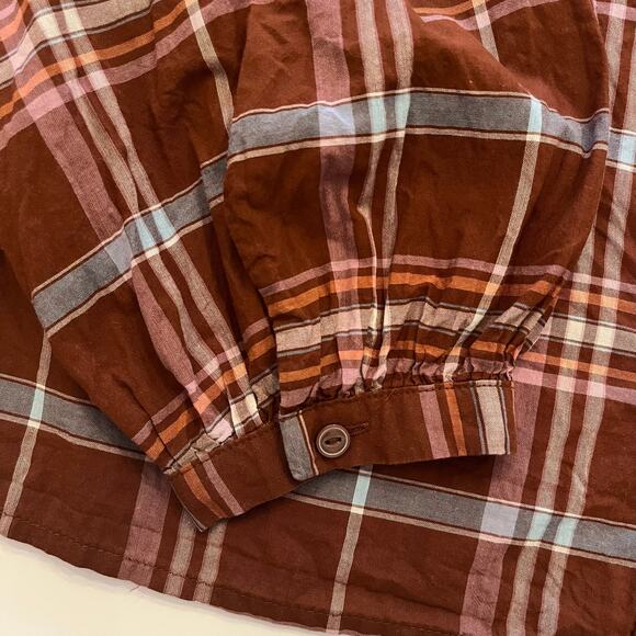 a.n.a. Peasant Blouse Size 0X Brown Plaid Button Front Fall Casual Cotton Boho - Picture 6 of 9